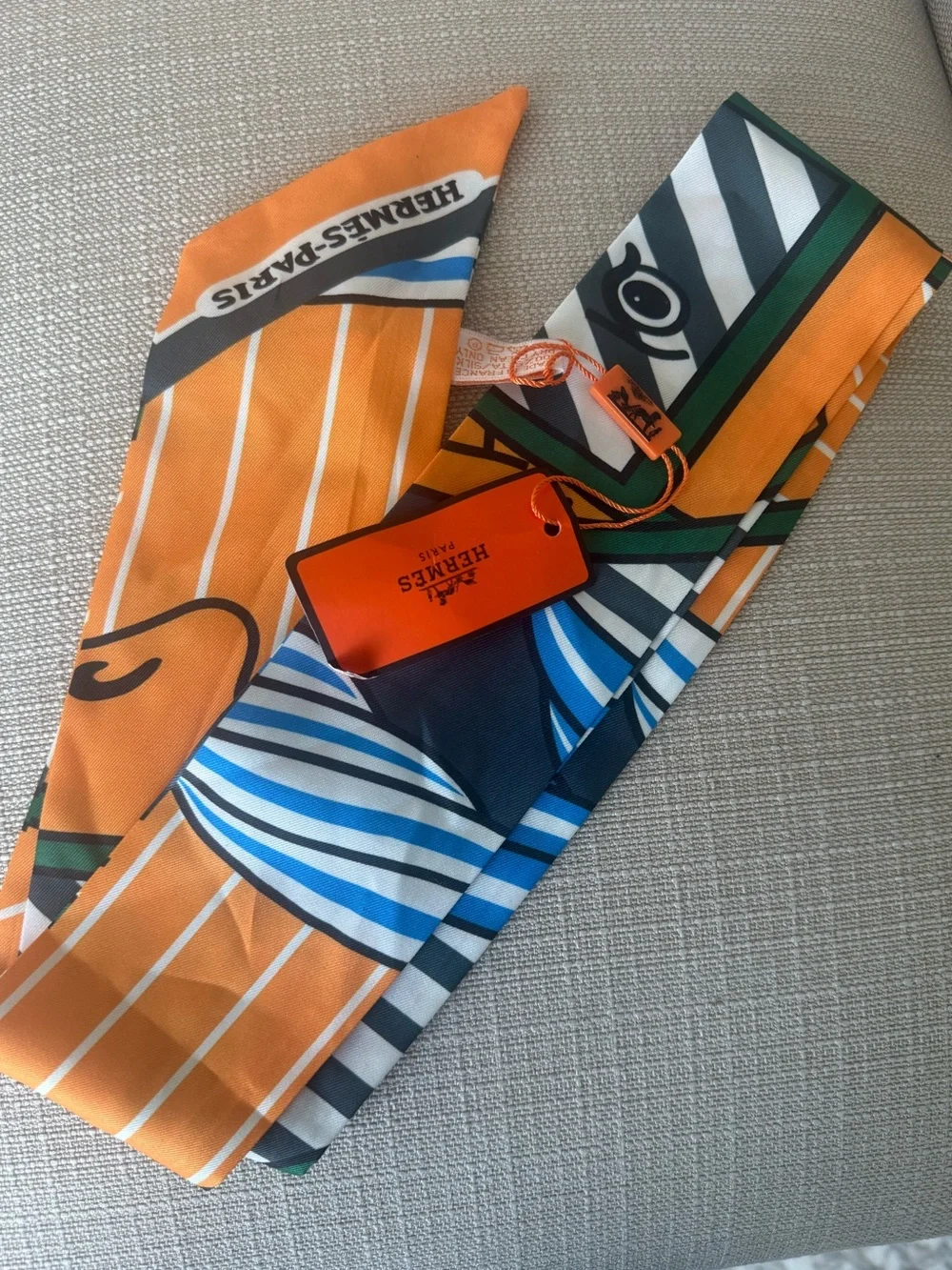 Hermès Quadrige Bayadere Twilly Silk Scarf Ocre Gris Vert NWT